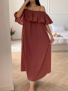 DAZY 女士简约荷叶边露肩吊带睡衣裙，Moo Moo 休闲连衣裙睡衣