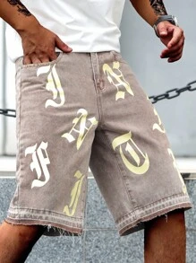 Manfinity EMRG Quần short denim ống rộng in chữ giản dị mùa hè dành cho nam - Cà phê nâu - Xem 7
