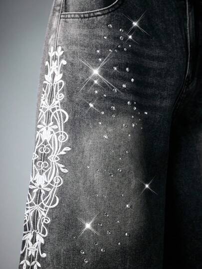 Street Life Men's Street Life Rhinestone Embroidery Pattern Denim Shorts