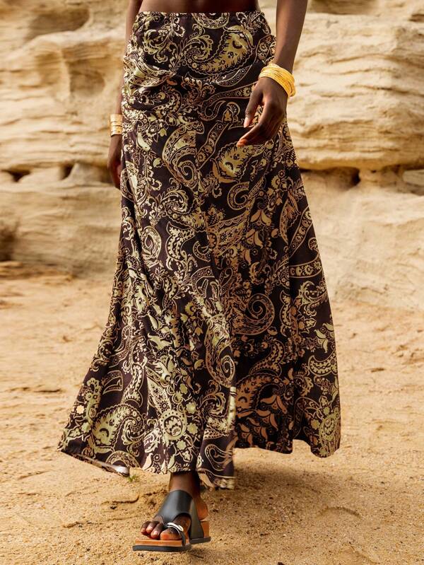 Lumivelle Women Elegant Romantic Paisley Print Mid-Length Skirt