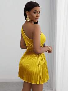 Slaydiva 全新夏季度假海滩优雅无袖单肩腰镂空抽绳百褶连衣裙半身裙 - A