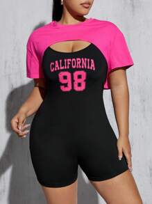 SHEIN Essnce 大码女式夏季休闲运动T恤和连体裤套装、夏季女装、女式两件套、女式连体裤套装、夏季两件套服装、夏季服装、夏季套装、Y2k、夏季服装、夏季套装、夏季套装 - 玫紅色 - 查看 2