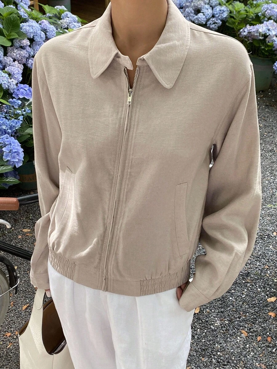 DAZY Women's Plain Zip-Up Long Sleeve Regular Jacket, Spring/Summer Women Coats - Khaki - View 1