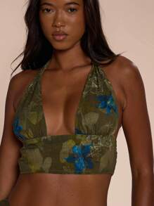 MUSERA Green Floral Summer Boho Vacation Holiday Tie Halterneck Plunge Front Crop Top, Festival Elegant Birthday Ibiza Western Spring Style Top Only - Green - View 2