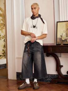 SWAVVY 男士梭织休闲宽松直筒纯色短裤，日常穿着 - 灰色 - 查看 6