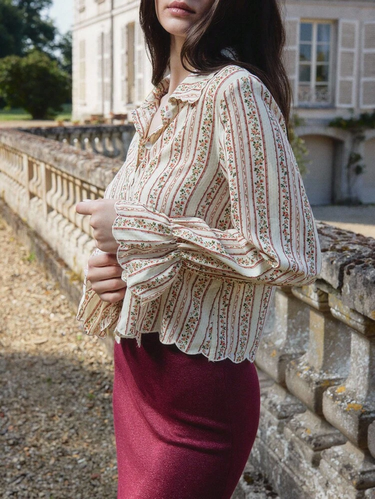 Camisa corta a rayas con flores, detalles de concha y mangas con volantes, estilo francés, ropa de mujer para otoño e invierno