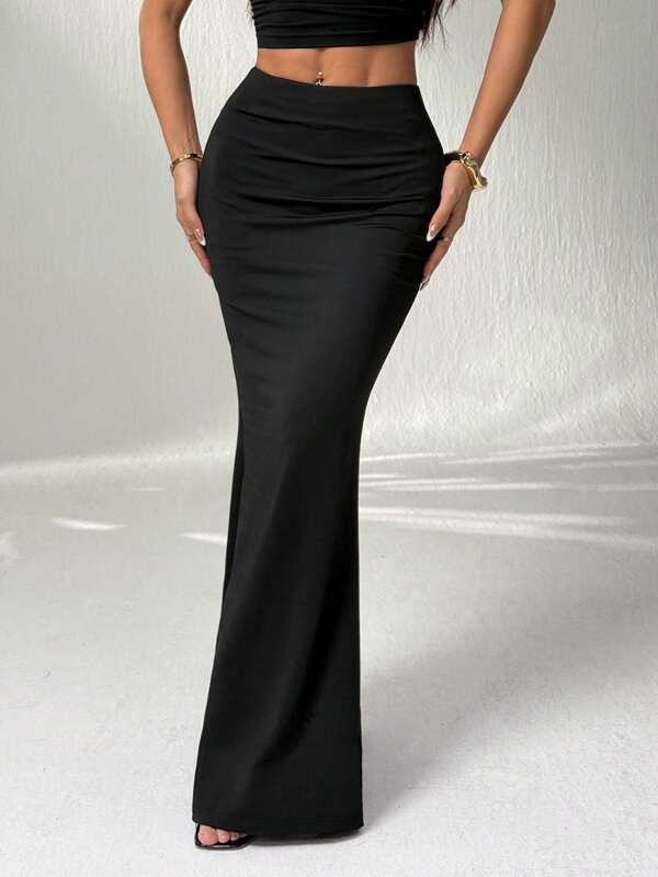 SHEIN PETITE Women's Simple Elegant Solid Color Fish Tail Hem Skirt