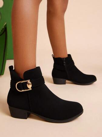 Mini mi Must Have Kids Black Nubuck Ankle Booties With Gold Heart Buckle – Chic, Sturdy & Easy-On Fall Boots For School To Weekend Adventures