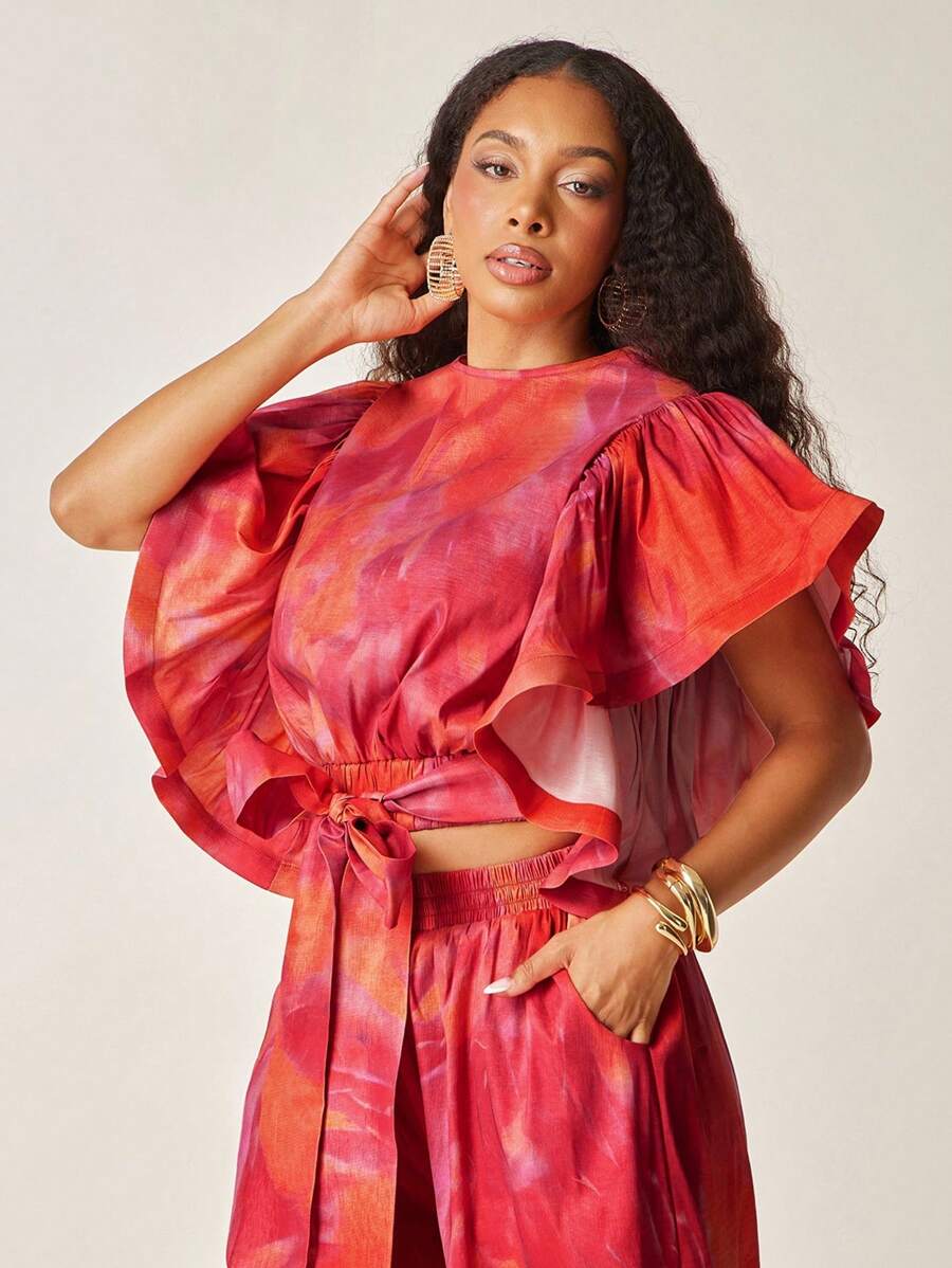 Vixey Abstract Floral Print Exaggerated Ruffle Sleeve Taffeta Top, Cute Summer Tops, Ruffle Top, Summer, Fall, Autumn, Going Out Tops Women, Date Night