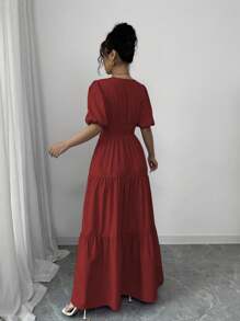 Rafferiza Elegant Casual Resort V-Neck Ruched Flared Maxi Dress With Puff Short Sleeve, Purple, New Arrival Spring/Summer For Women Summer Dress - Burgundy - View 2