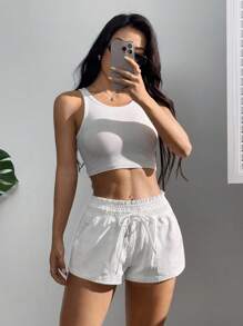 SHEIN EZwear 女式休闲纯色抽绳腰侧口袋短裤，夏季 - 白色 - 查看 6