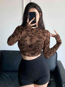 DAZY Women's Plant Pattern Mesh Long Sleeve Top Going Out Tops Sheer Crop Women Tops