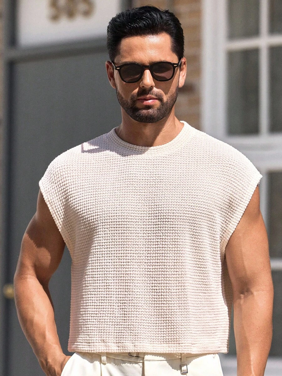 Manfinity VCAY Men's Casual Slim Fit Sleeveless Knit Tank Top Men Knit Tops Summer Tops For Men Men Sleeveless Knit Top Crochet Tops For Men Men Waffle Knit Sleeveless Shirt Men Sleeveless Shirt Men Mesh Top Men Sleeveless Tops