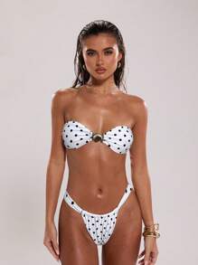 SHEIN BAE Women's Sexy Gold Shell Decor Halter Mini Bikini Top, Elegant Vintage Swimwear For Party, Holiday, Tube Top - White - View 3