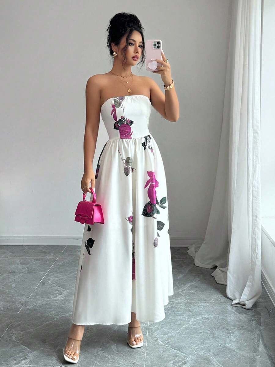 Elenzga Vestido sin mangas con estampado floral tejido y corsé en la cintura, apropiado para reuniones, cenas formales y vestidos de noche de lujo