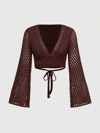 Cardigan a maglia corto dal design retrò Fairycore di nicchia, con motivo a rete e cinghie incrociate, top corto casual