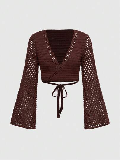 Cárdigan corto tejido de malla con diseño retro Y2K estilo fairycore, con tirantes en forma de cruz hueco, parte superior corta informal