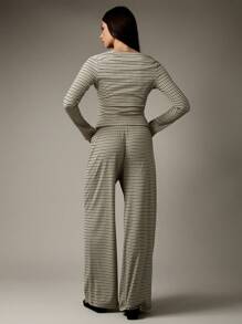 MISSGUIDED Button Through Ribbed Co Ord Set Striped Wide Leg Loungewear Matching Outfit Holiday Casual Vacation Resort Wear Everyday Comfort - Multicolor - View 2