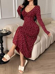 DAZY Long Ditsy Floral V-Neck Ruched Fitted Nightgown, Fall Pajama, Winter - Burgundy - View 3