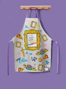 FRIENDS X SHEIN 1 pieza Delantal con estampado de dibujos animados de café, pizza y patito, a prueba de agua y aceite, de moda y versátil, adecuado para cocina y hornear
