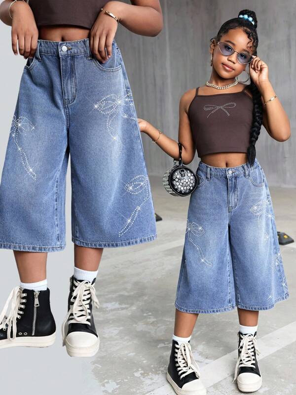 Tween Girls Fall Y2k Streetwear Style Distressed EveryDay Blue Denim Bowknot Rhinestone Loose Fit Baggy Bermuda Long Jeans Shorts,New Product,Girls Back To School Clothes Outfits,Girls Streetwear Outfits
