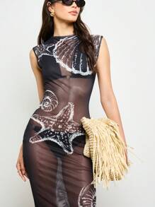 AiiRZ Đầm Maxi In Hình Vỏ Sò Lưới Xẻ Bên Váy Đi Biển Cổ Điển Mặc Đi Biển Nghỉ Mát Đồ Bơi Phủ Lên Đồ Bơi - Nhiều màu - Xem 4