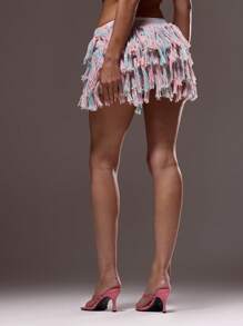 MUSERA 荷叶边针织多层迷你裙，适合夏季伊比沙岛、Y2K 酷女孩、音乐节、锐舞派对、度假俱乐部、可爱海滩、生日派对、春假、嘉年华、复活节等场合。 - 粉色 - 查看 2