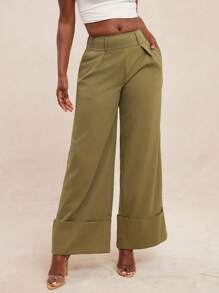 NYA SZN Pantalon taille haute avec détail de revers plissé, tenue de bureau, tenue d'affaires, décontracté, jambe droite et large, pour enseignante, rentrée scolaire, automne/été, couleur kaki olive, pour femmes