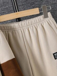 Tween Boy Sports Casual Contrast Color Round Neck Hoodie & Sweatpants 2pcs Set, Suitable For School, Home, Daily Wear, Sports, Versatile & Minimalist, Boys Sweatsuits Set, Boys 2 Piece Set, Teen Boys Sweatsuit, Boys Casual Set, Boys 2pc Set Fall Winter - Khaki - View 5