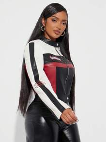 Radiana Amerikanischer cooler Patchwork- & Kontrastfarben-Motorradjacke mit Stickerei, Damen Sommer Rennwagen Rennmotorrad Jacke für Herbst/Winter