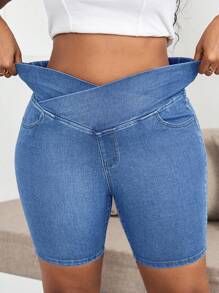 SHEIN SXY Plus Size Women's Stretch Denim Shorts, Casual Skinny Fit , Casual Denim Knitted Stretch Short Leggings , Super Short Cycling Shorts, Casual Daily Wear , Yoga Sports , High Waist Crossed Design Skinny