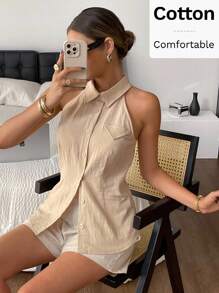 SHEIN Frenchy Chemise sans manches à boutons devant pour femmes, couleur unie, élégante, col chemise, Top épaules dénudées, design de rabat de fausse poche, en coton crêpe de couleur unie, simple, élégante, débardeur casual pour tous les jours, convient pour les déplacements en été. - Nude - Voir 7