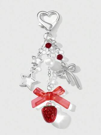 Kawaii 1pc Y2K Elegant Fashionable Cute Versatile High-End Silver Hollow Star Faux Pearl Resin Bow Strawberry Keychain, Phone Holder, DIY Phone Charm, Gift For Women, Girls, Daily Wear, Festivals