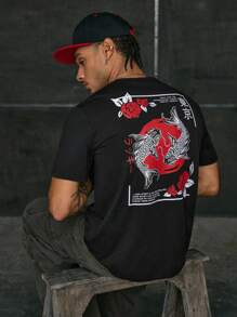 AXEPEAK Camiseta casual de manga corta con estampado urbano de letras japonesas y flores, regalo para el novio - Negro - Ver 5
