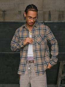 AXEPEAK 男士格子印花口袋拼接法兰绒长袖衬衫，秋季款 - 彩色 - 查看 1