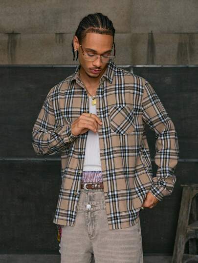 AXEPEAK Men Plaid Print Pocket Patched Flannel Long Sleeve Shirt, Fall