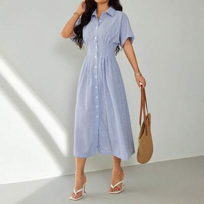 Vestito a righe blu, vestito lungo a righe, vestito lungo casual estivo, vestito camicia a righe in vita casual da donna per l'ufficio