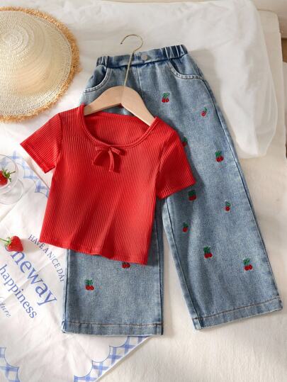 SHEIN Playful Pals Toddler Girls T-Shirt Set, Red Ribbed Knit Top, Embroidered Denim Pants With Cherry Pattern, Sweet & Fashionable Style, Suitable For Spring, Summer, Autumn