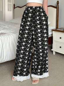 DAZY 女式花卉印花撞色孔眼刺绣睡裤，度假风格，秋季