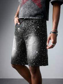 ROMWE MEN Street Life Pantalones cortos vaqueros de moda casual para hombre con botones de rhinestone