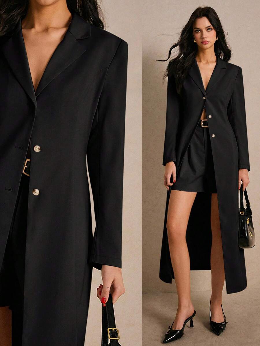 Poéselle 秋冬女士时尚纯色长款西装外套，适合上班穿着 - 黑色 - 查看 1