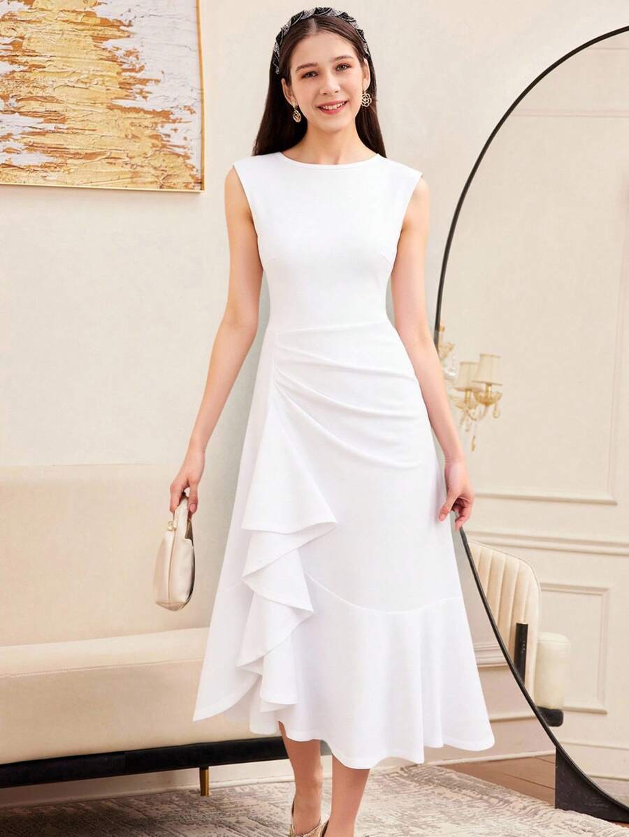 SHEIN Đầm dạ hội dài không tay viền ren bèo nhún màu trơn cho bé gái tuổi teen, sang trọng và dự tiệc, hẹn hò, họp mặt gia đình quan trọng - trắng - Xem 1