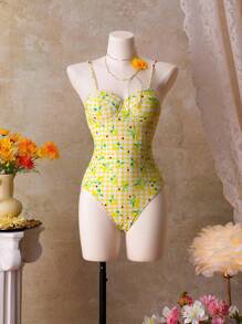 SHEIN Swim 女士格子柠檬印花时尚连体泳衣，度假风