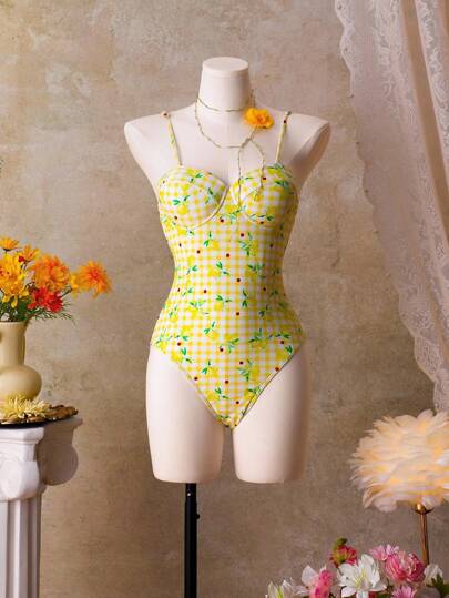 SHEIN Swim 女士格子柠檬印花时尚连体泳衣，度假风