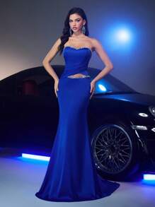 Glamrae Vestido de satén de acetato con estilo de sirena, cuello asimétrico de lujo, fruncido en la cintura, con cordón ajustable en la espalda y diseño de abertura, apropiado para ocasiones formales - Azul - Ver 2