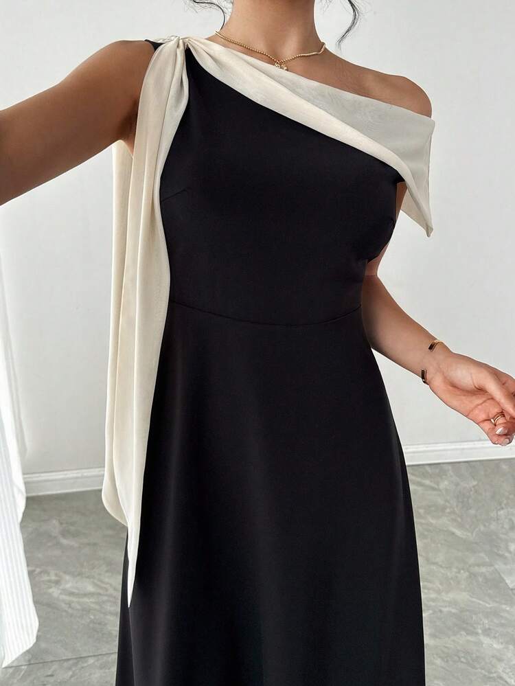 Women's Oblique Shoulder Tie-Up Color Block Fitted Waist Cocktail Mid-Length Dress Maxi Dress