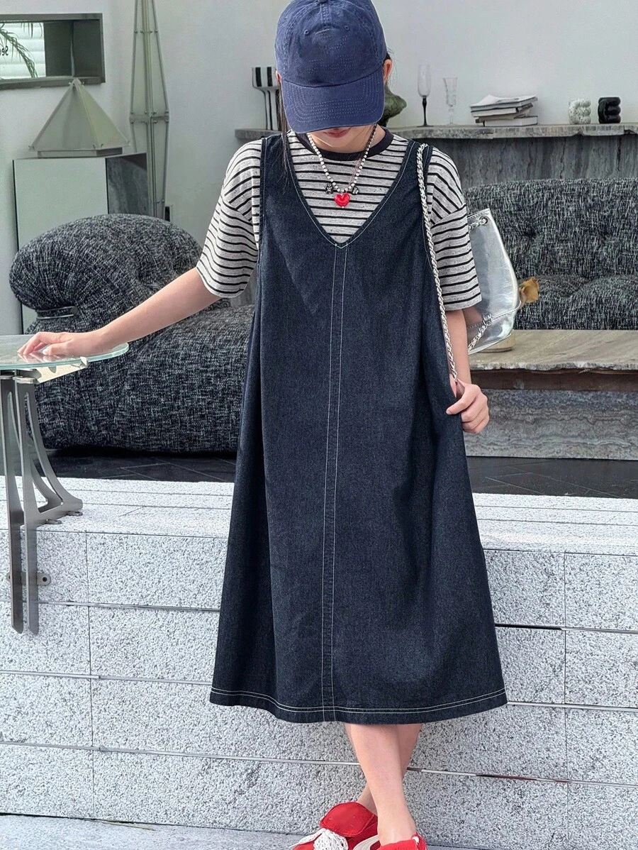 Dazy Kids 2pcs Kids Fall Clothes Set: Tween Girls Striped Short Sleeve Crew Neck T-Shirt + V-Neck Sleeveless Denim Dress - Multicolor - View 1