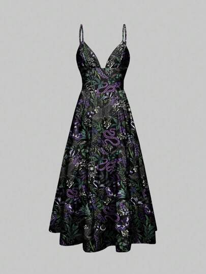 Goth Gothic Mysterious Snake Plant Moon Star Print Witch Vacation Low-Cut Dress For Women