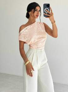 Firerie 女士优雅浪漫精致日常时尚新款假日不对称领口不对称蕾丝拼布垂坠粉色上衣，夏季 - 淺粉色 - 查看 2