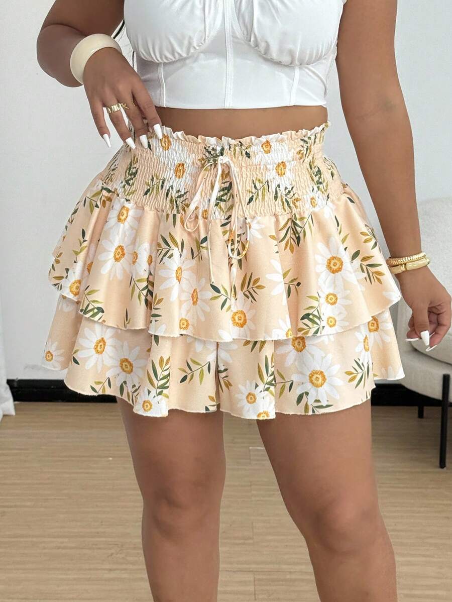 Flirla Plus Size Printed Elastic Waist Double Layer Hem Shorts - Multicolor - View 1